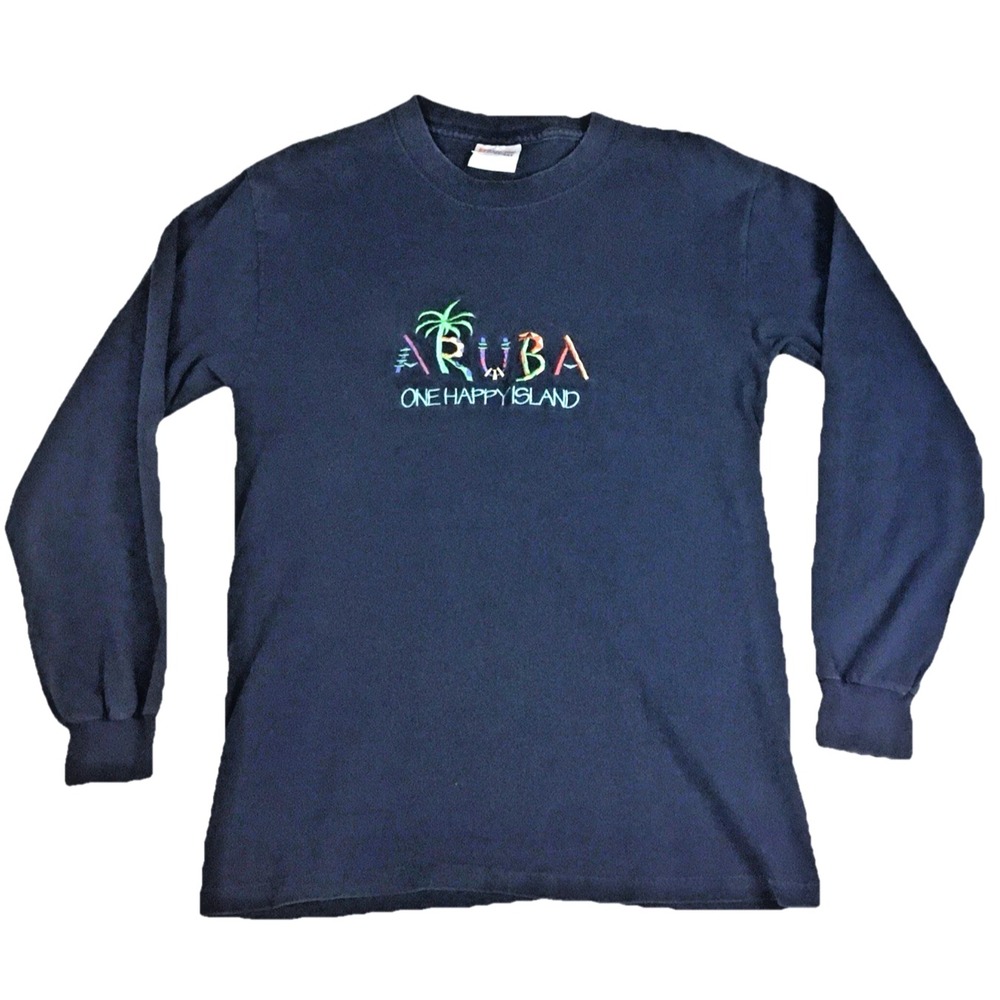 Hanes Heavyweight Aruba One Happy Island‎ Long Sleeve Shirt Navy Blue Small
